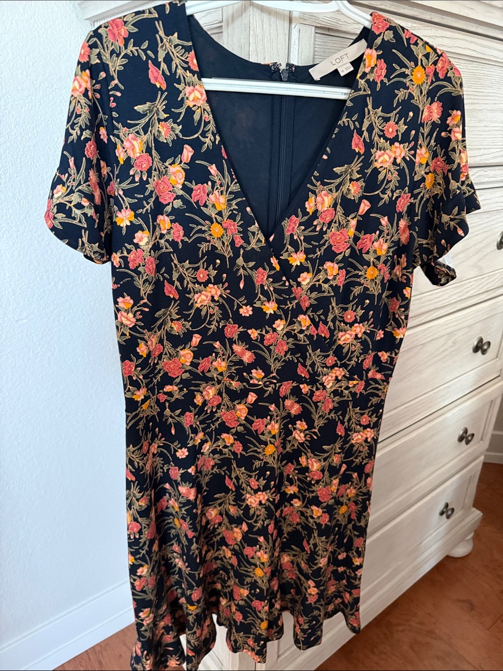 LOFT Black Floral V-Neck Dress with Pink and Yellow Flowers